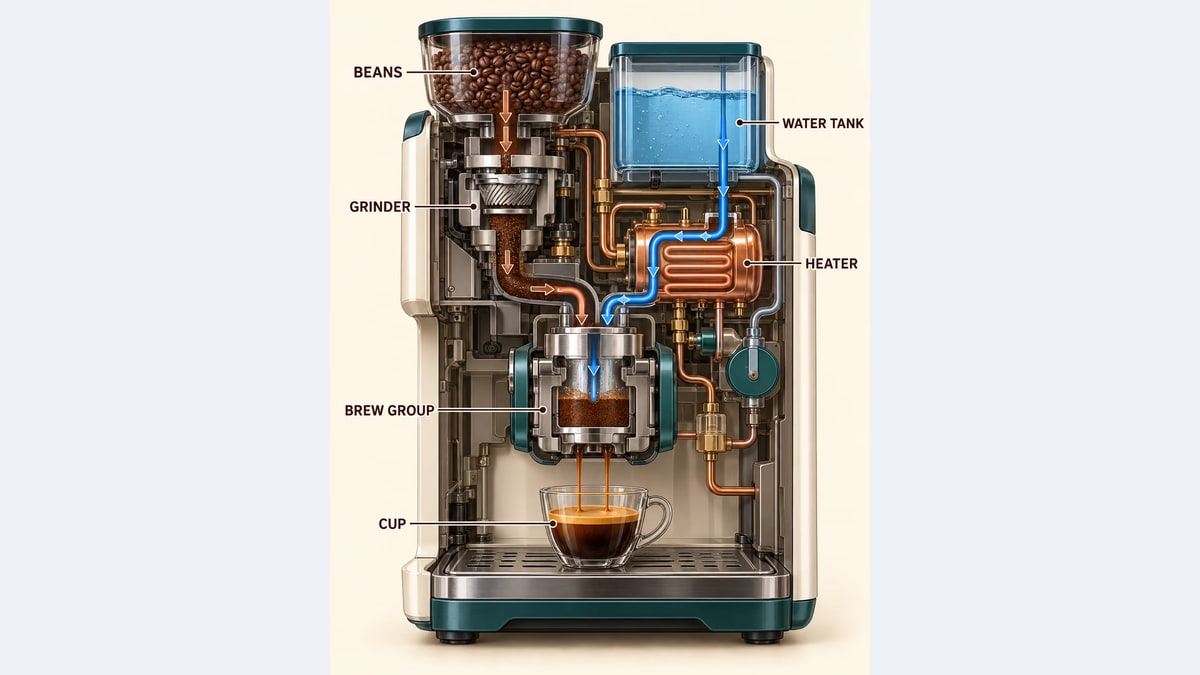Doorsnede van een espressomachine met labels — Voorbeeldresultaat